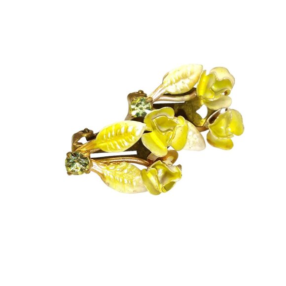 Vintage Austria Yellow Roses Earrings, Clip On Metal Enamel Flowers Floral, Rose - Picture 2 of 5